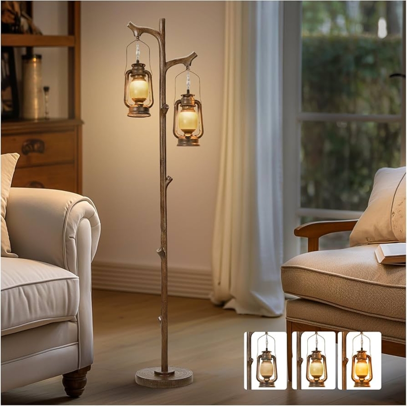 Floor Lamp Rustic Tree Trunk Shape with Hanging Lantern Cage Shade