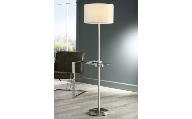 Floor Lamp Satin Nickel Finish Glass Tray Integrated Power Hub
