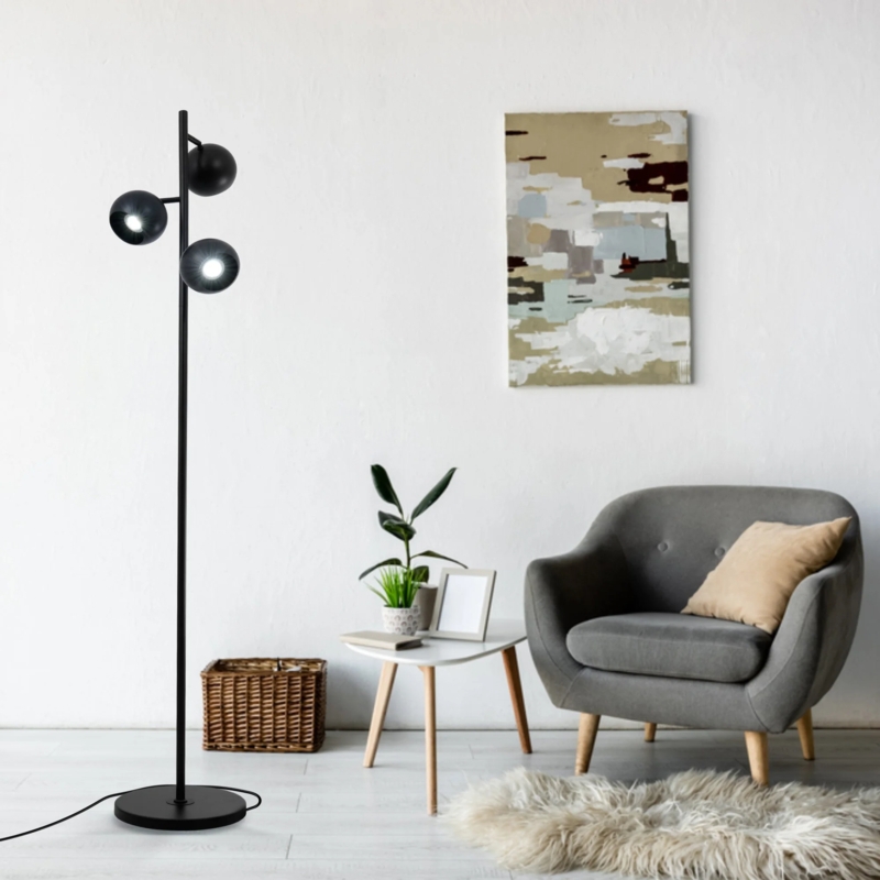 Floor Lamp Scandinavian Modern Black Oversized Drum Shade Wood Base
