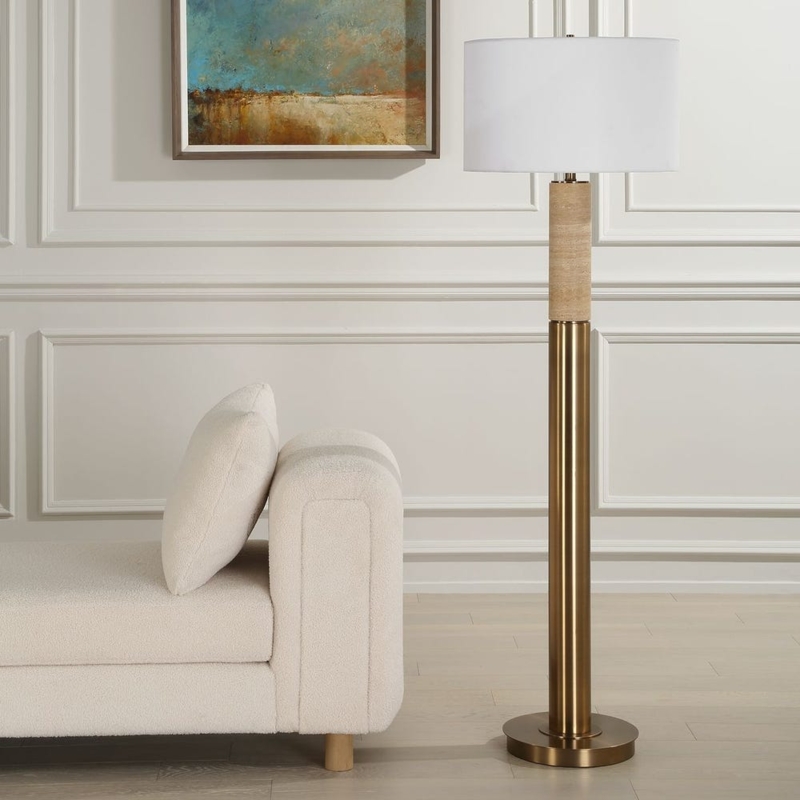 Floor Lamp Sculptural Tiered Travertine Base Organic Living Room