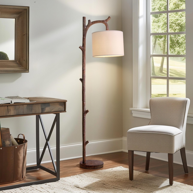 Floor Lamp Sculptural Tree Trunk Base with Drum Shade Rustic Lodge