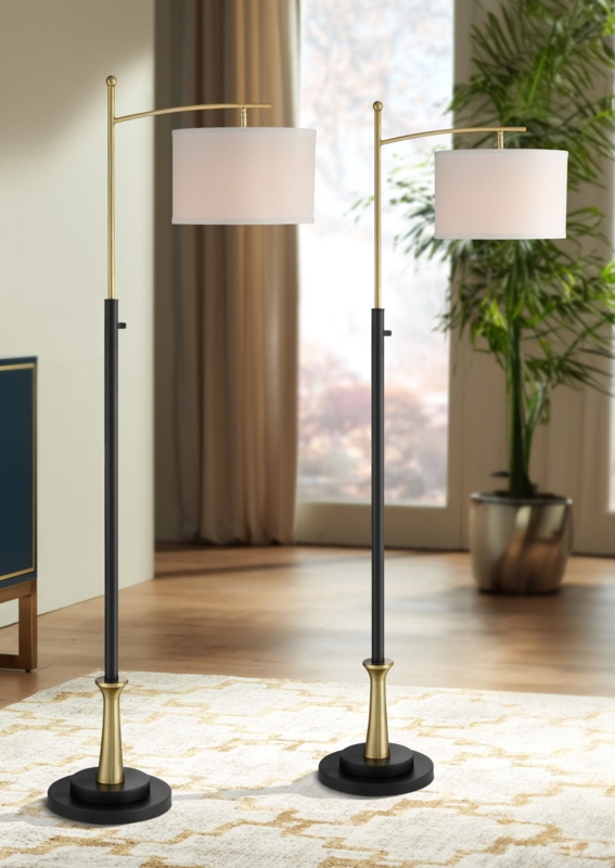 Floor Lamp Set with Brass Accents and Bowl Shades, Industrial Style