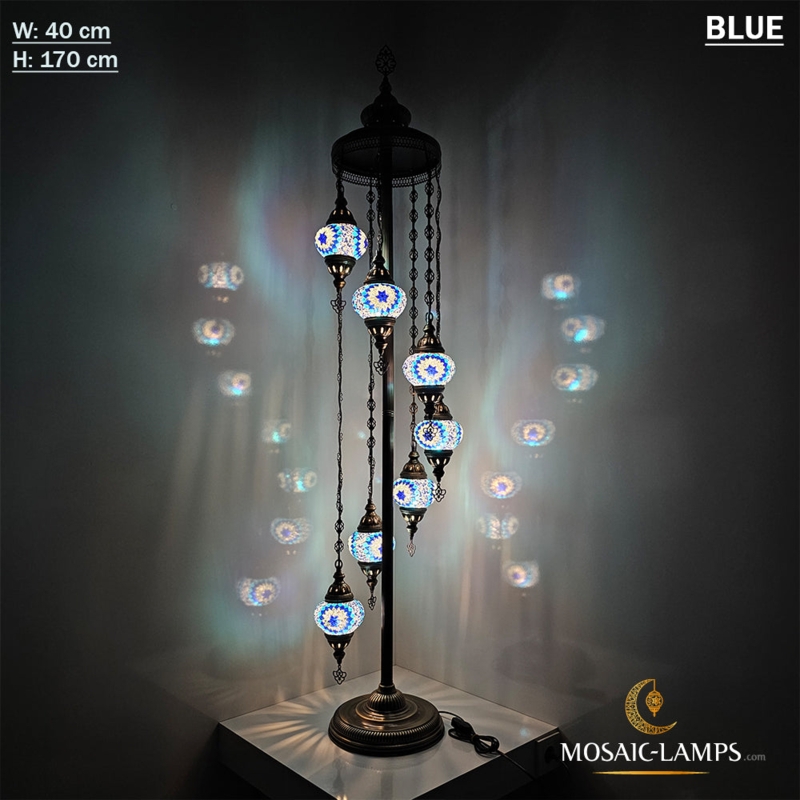 Floor Lamp Seven Globes Turkish Mosaic Blue Glass Antique Bronze