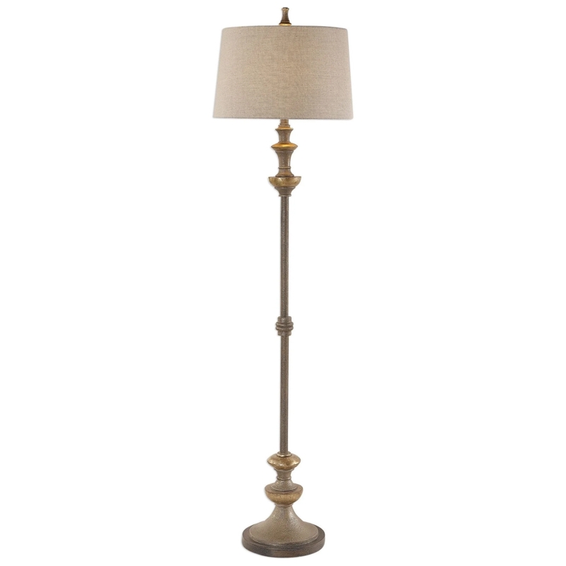 Floor Lamp Silver Bronze Finish Woven Drum Shade Tapered Neck Detail