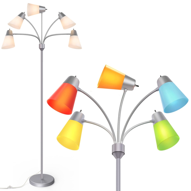 Floor Lamp Silver Grey Multi Head Colorful Lampshades Adjustable Arms