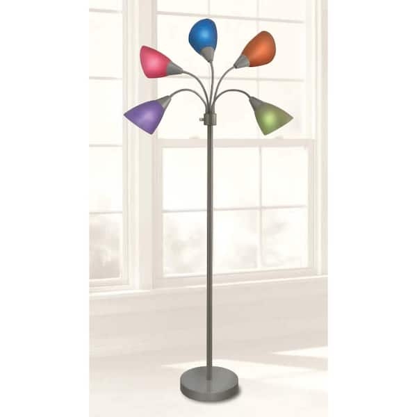 Floor Lamp Silver Metallic Five Arm Gooseneck Multi Color Bell