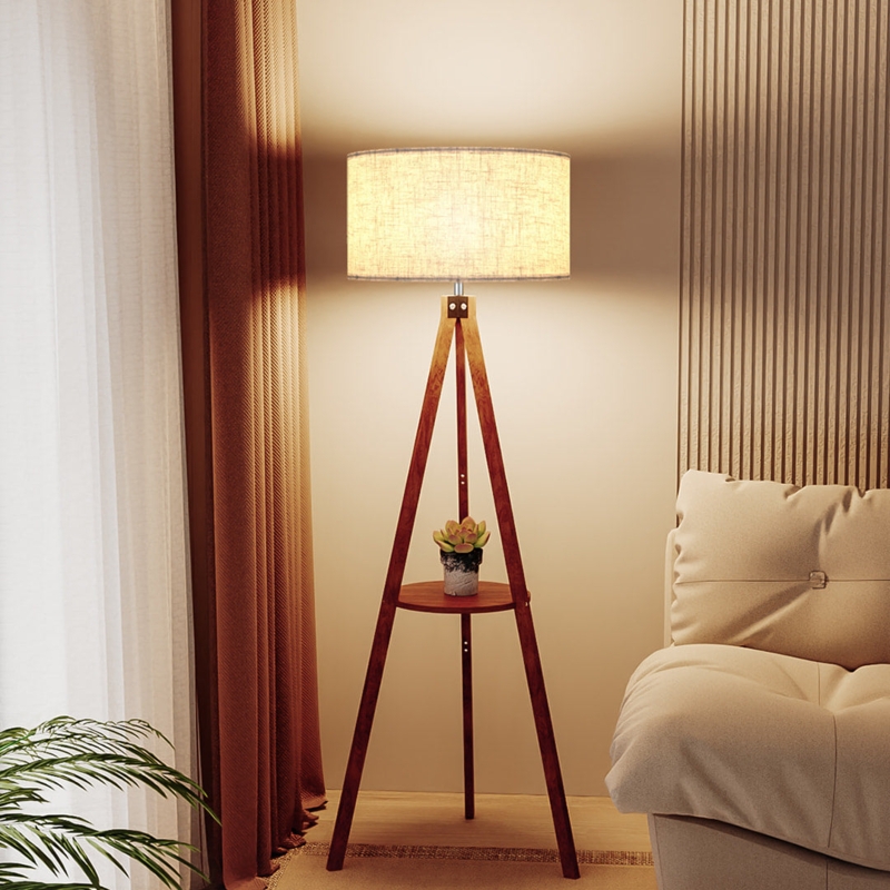 Floor Lamp: Single Integrated Shelf, Light Wood & White Drum Shade