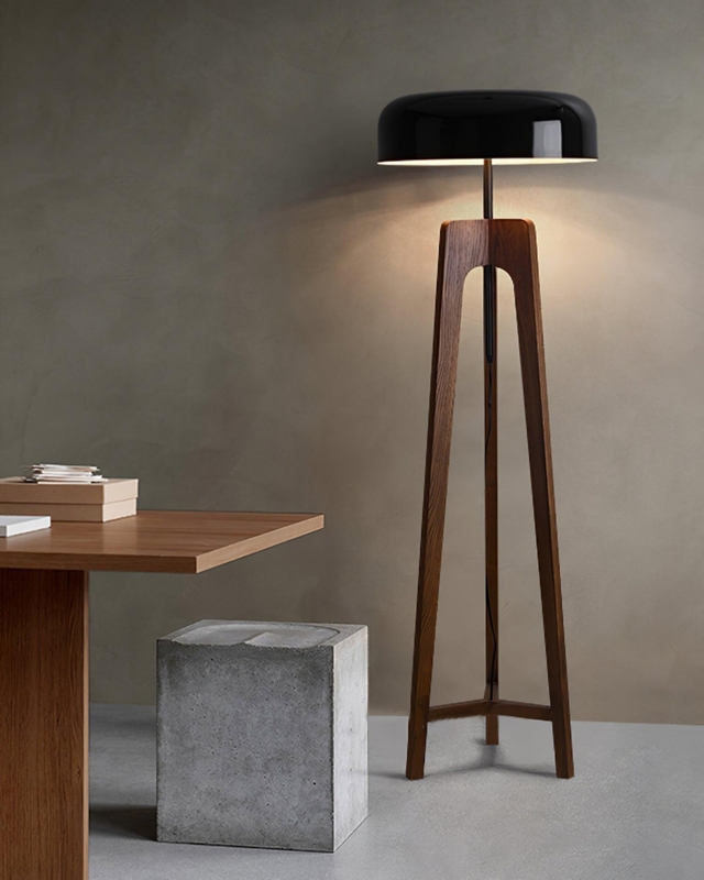Floor Lamp Slatted Wood Base White Drum Shade Japandi Cozy Decor