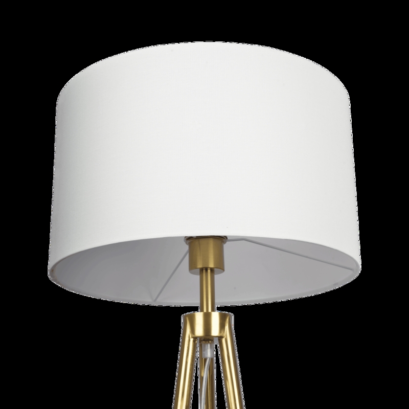 Floor Lamp: Slender Gold Tripod Base with Elegant White Drum Shade