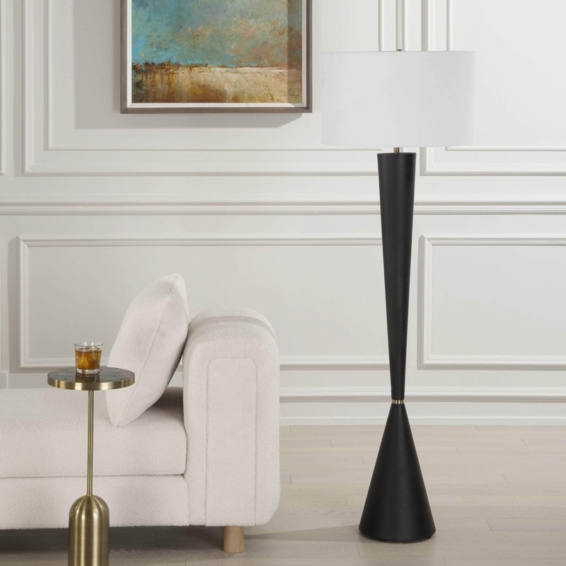 Floor Lamp Slender Silhouette Matte Black Tapered Drum Shade Accent