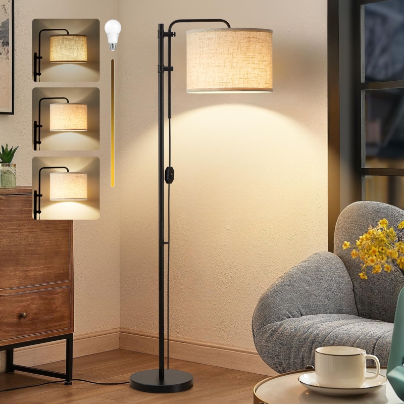 Floor Lamp Slender Silhouette Matte Black with Beige Drum Shade