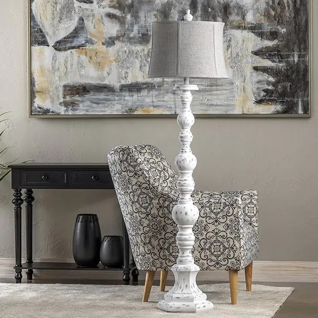 Floor Lamp Slender Silhouette with Ball Accents and Linen Drum Shade