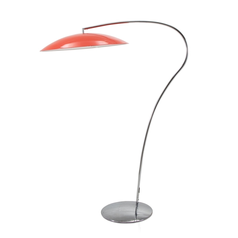 Floor Lamp Slim Black Pole Red Dome Shade Arched Neck