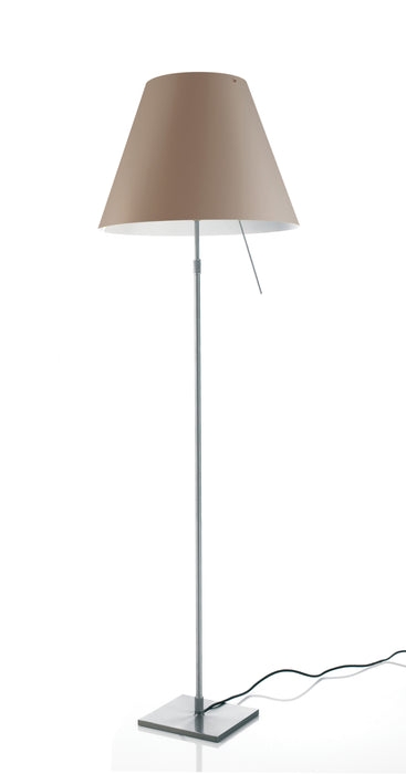 Floor Lamp: Slim Silver Stem with Tapered Taupe Shade and Pull Switch