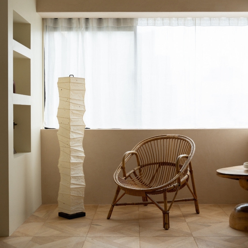 Floor Lamp: Slim Washi Paper Cylinder, Black Trim, Japandi Style Styling.