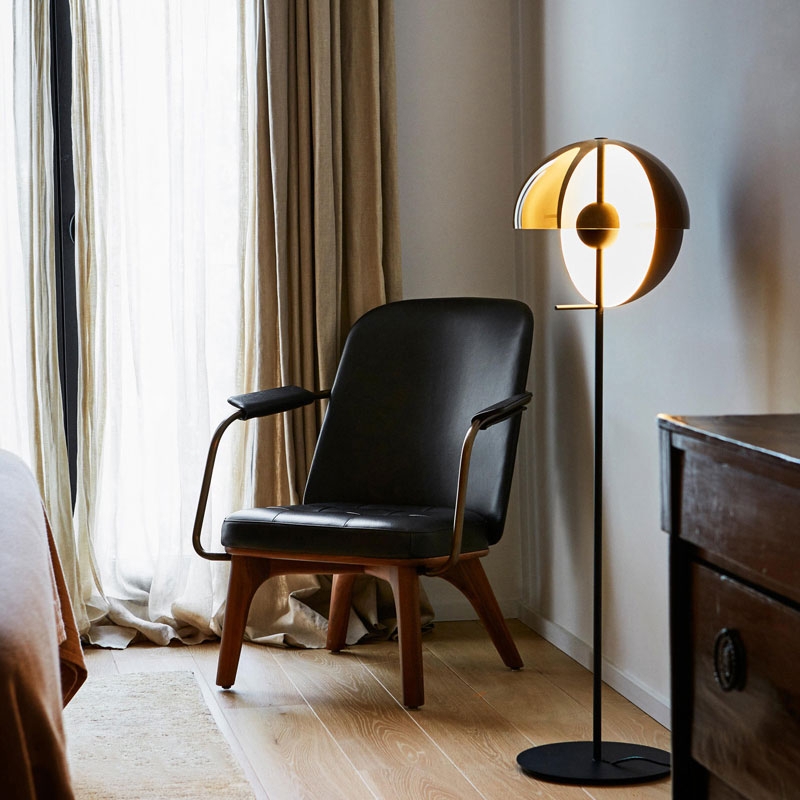 Floor Lamp Smoky Glass Base Sculptural Drum Shade Minimalist Decor