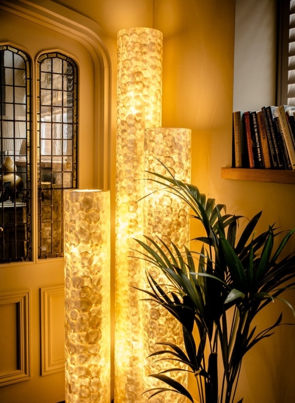 Floor Lamp: Square Fabric Shade on Iridescent Mosaic Column Base