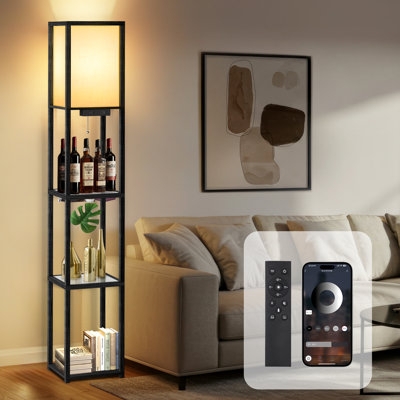 Floor Lamp Square Linen Shade Open Shelving USB Charging Station