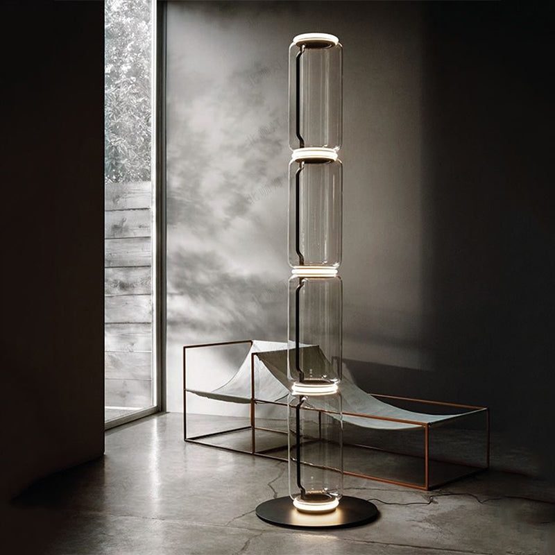 Floor Lamp Stacked Clear Glass Column Polished Brass Stem Drum Shade