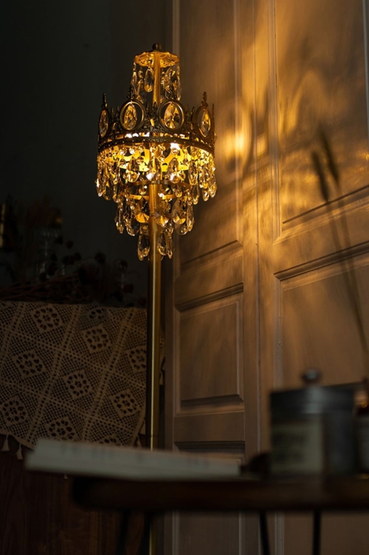 Floor Lamp Stacked Crystal Base Brass Accents Traditional Glam