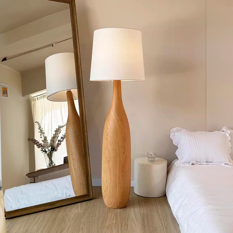 Floor Lamp Stacked Wood Base Pleated Shade Japandi Wabi-Sabi Style