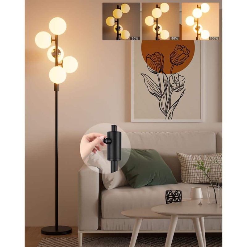 Floor Lamp Staggered Arms Five Light Frosted Globes Matte Black