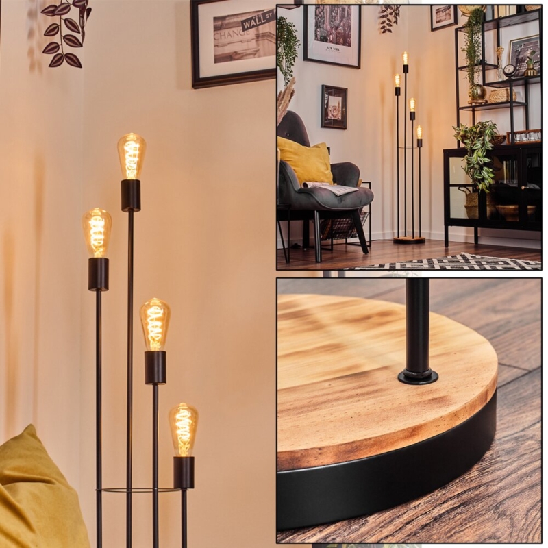 Floor Lamp Staggered Arms Wood Column Matte Black Finish Minimalist