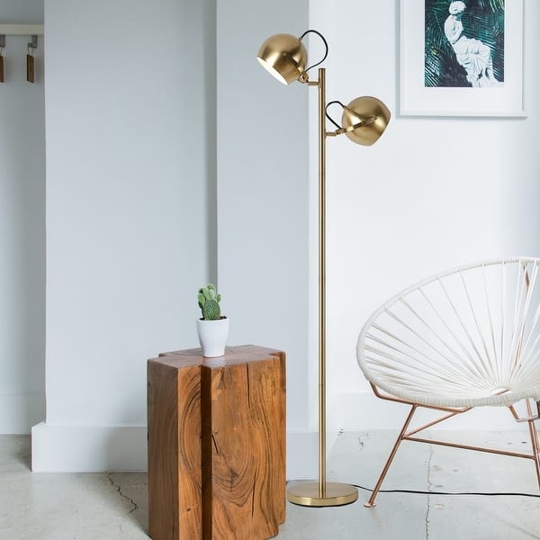 Floor Lamp Staggered Dual Heads Matte Brass Mid Century Modern Gold