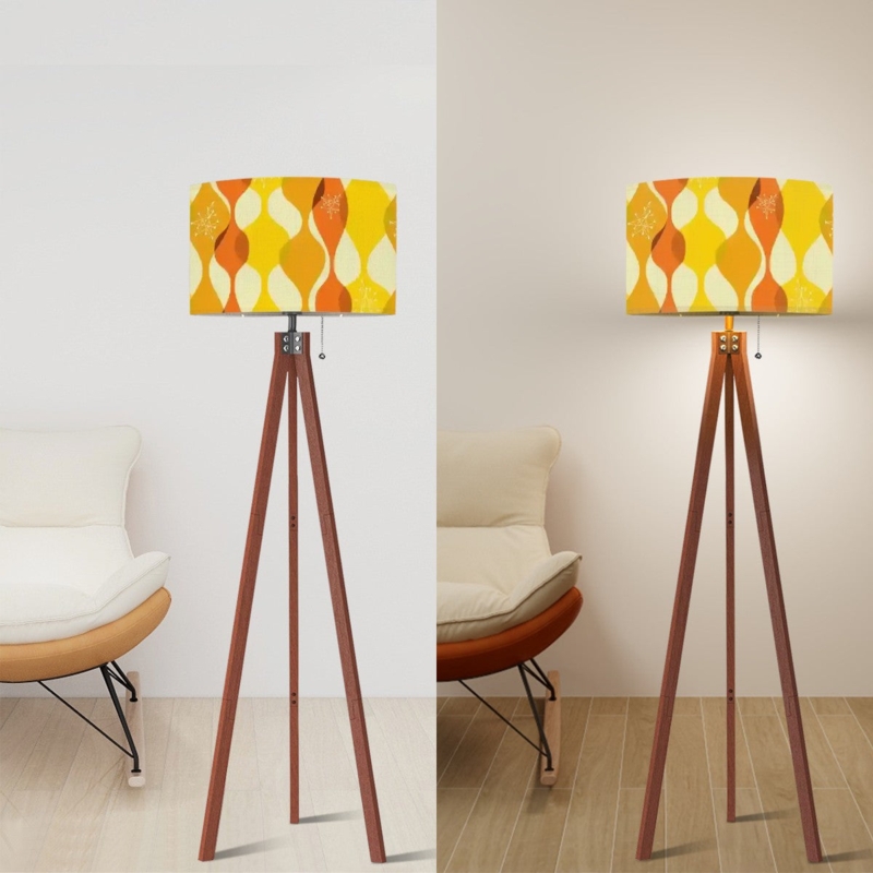 Floor Lamp Starburst Pattern Drum Shade Tripod Retro Mid Century