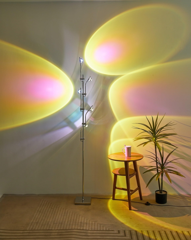 Floor Lamp Sunset Projection Multicolored Halo Effect Chrome Finish