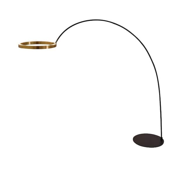 Floor Lamp: Tall Arched Brass Frame with Dual LED Ring Lights