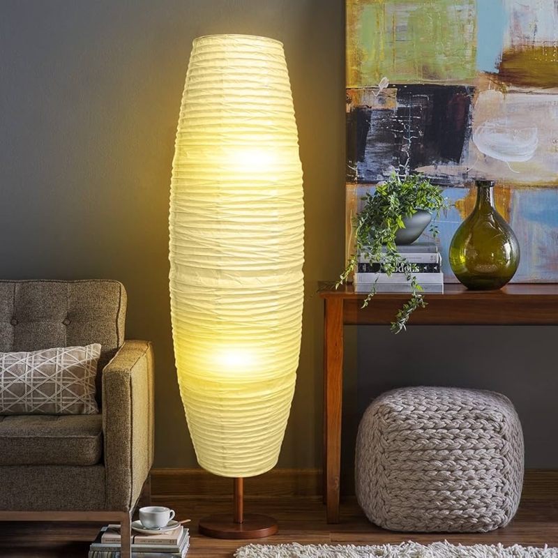 Floor Lamp: Tall Columnar Form, Crinkled Paper Shade, Zen Aesthetic.