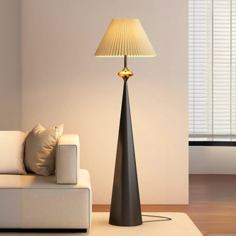 Floor Lamp Tapered Base Walnut Finish Pleated Shade Mid Century