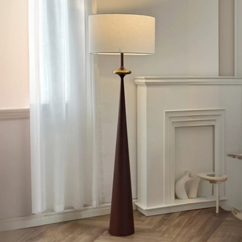 Floor Lamp Tapered Column Walnut Finish Fabric Drum Shade Mid-Century