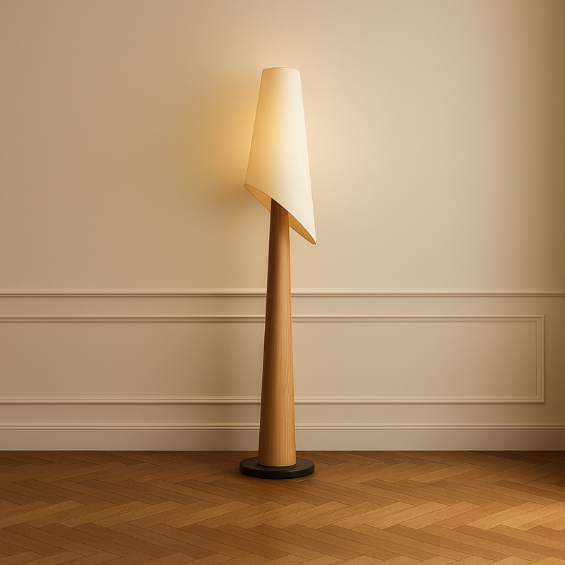 Floor Lamp Tapered Wood Base Elongated Drum Shade Organic Modern