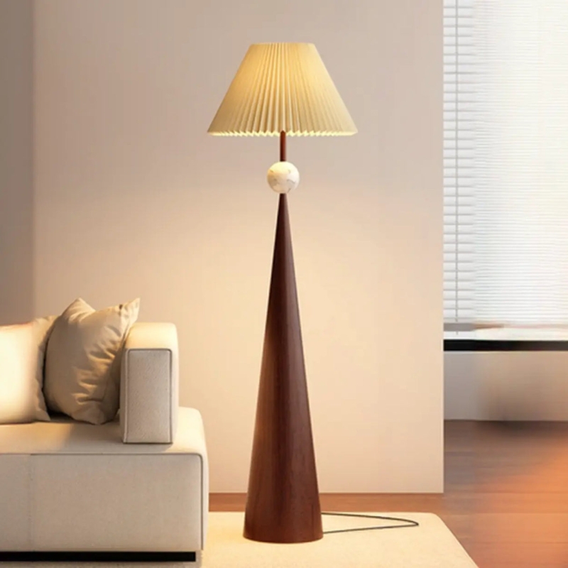 Floor Lamp Tapered Wood Neck Pleated Shade Mid-Century Modern Decor