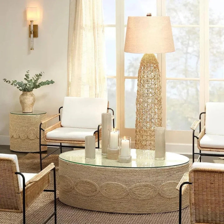 Floor Lamp Thick Natural Rope Wrapped Base Drum Shade Coastal Style