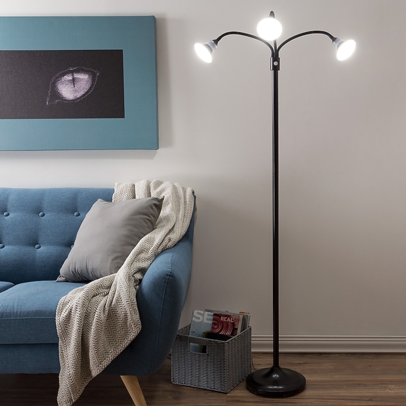 Floor Lamp Three Adjustable Heads Matte Black Metal Task Lighting