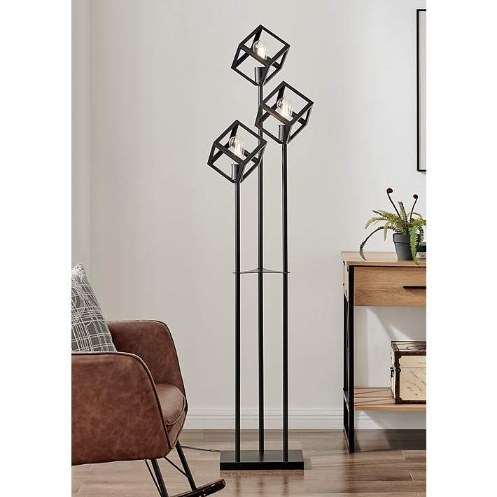 Floor Lamp Three Arched Arms White Dome Shades Matte Black Finish