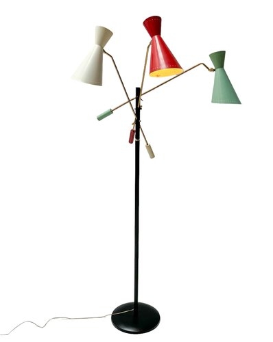 Floor Lamp Three Arm Multi Colored Shades Mid-Century Adjustable