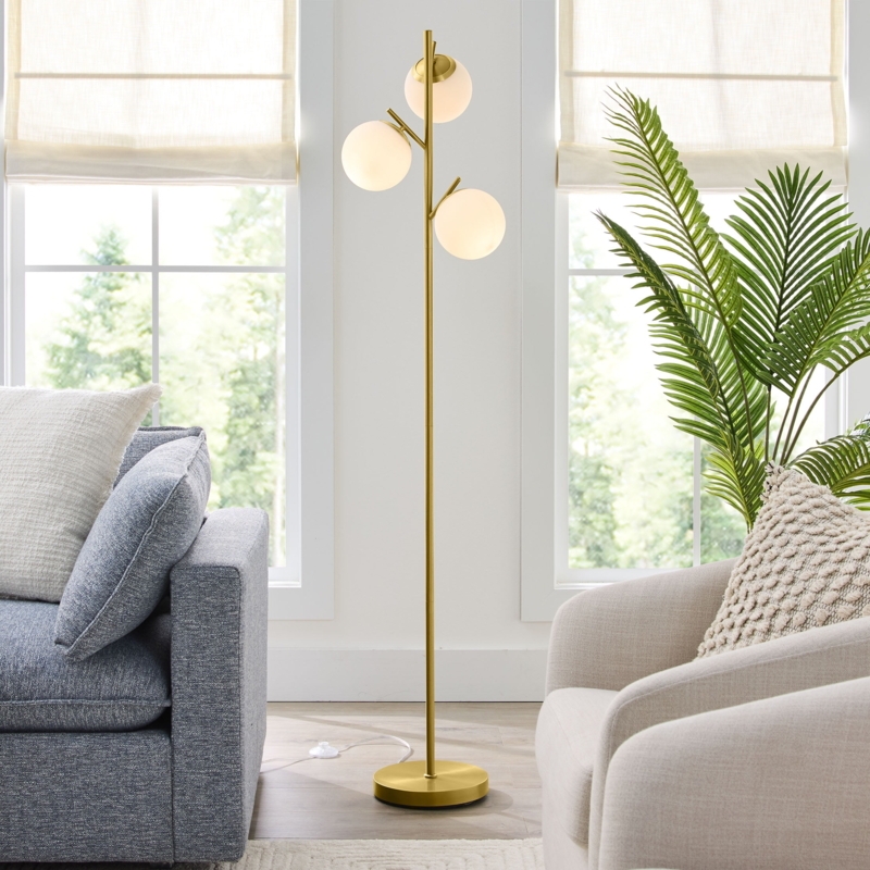 Floor Lamp Three Globe Brushed Gold Finish Frosted Glass Foot Switch