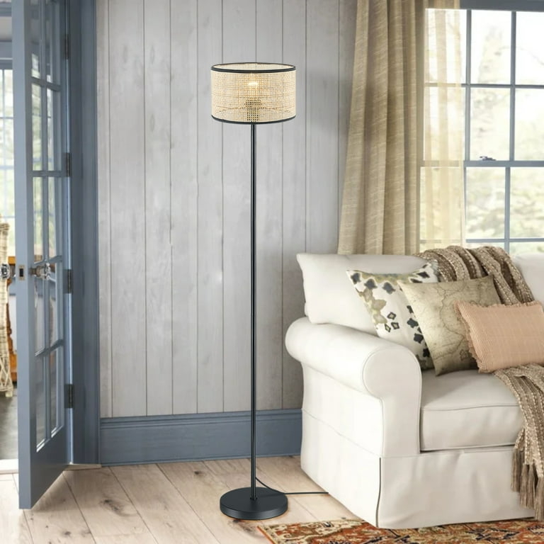Floor Lamp: Three Light Arc Design with Tiered Woven Drum Shades