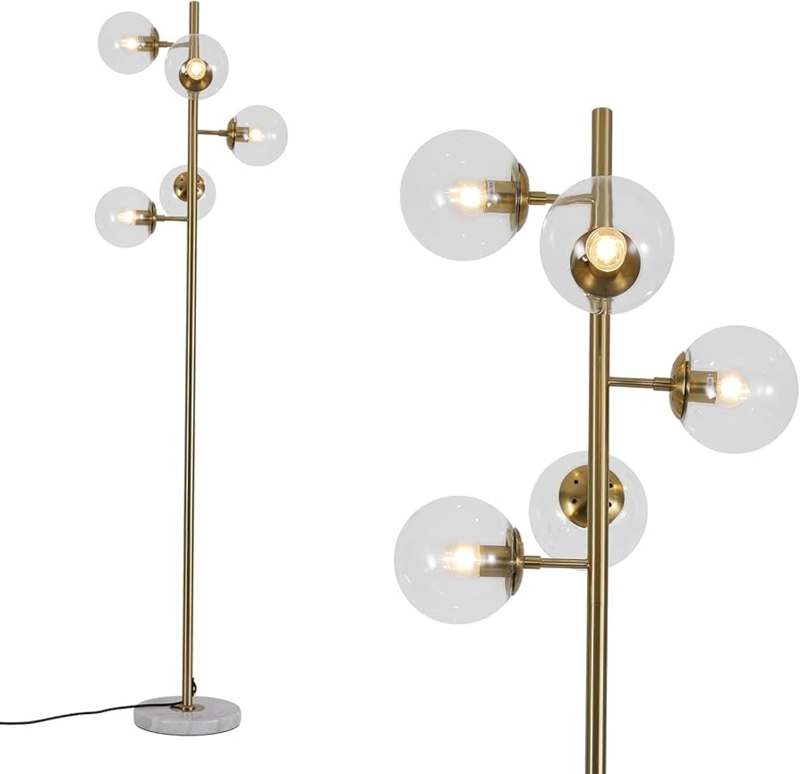Floor Lamp Three Light Clear Glass Globes Polished Brass Finish Nordic