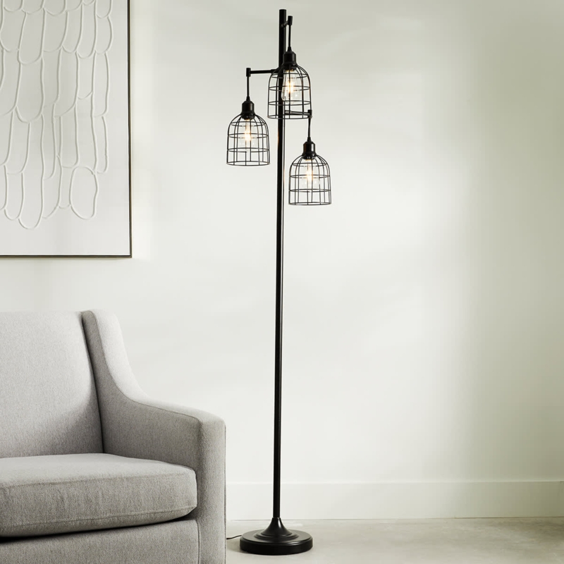 Floor Lamp Three Light Staggered Arms Geometric Cage Shades