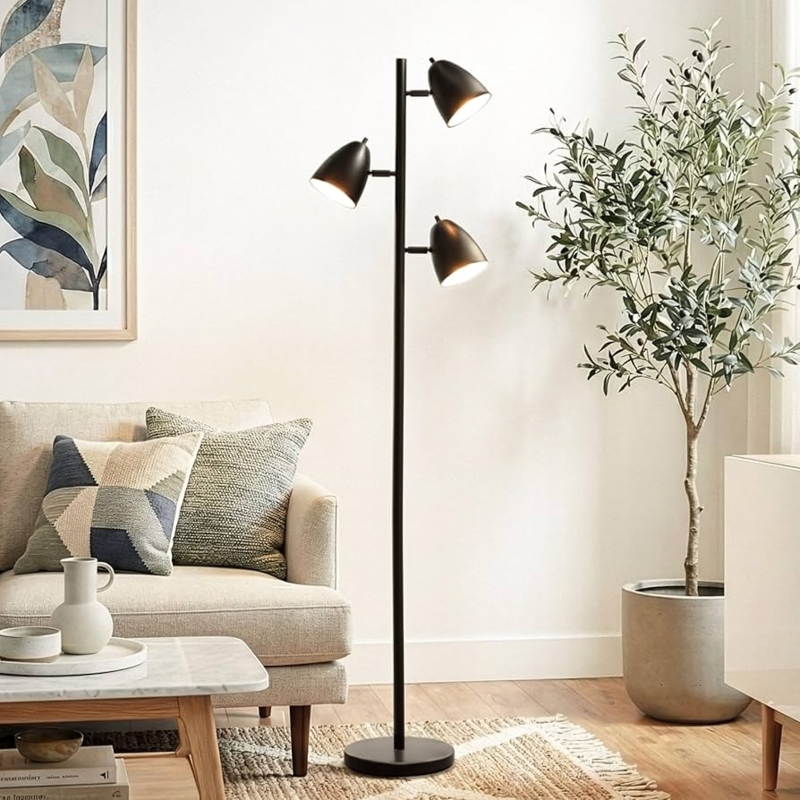 Floor Lamp Three-Light Tree Adjustable Cylindrical Shades Industrial