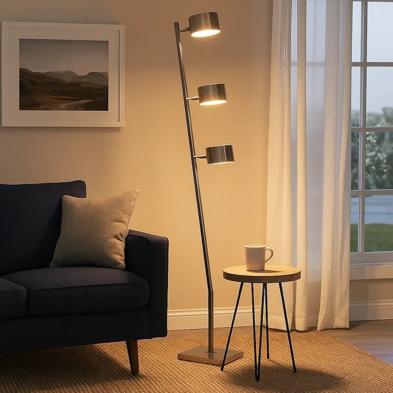 Floor Lamp Three Perforated Metal Drum Shades Silver