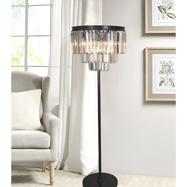 Floor Lamp Three Tiered Crystal Fringe Shade Chandelier Style Dark Metal