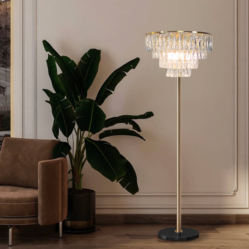 Floor Lamp Tiered Crystal Shade Polished Gold Finish Luxury