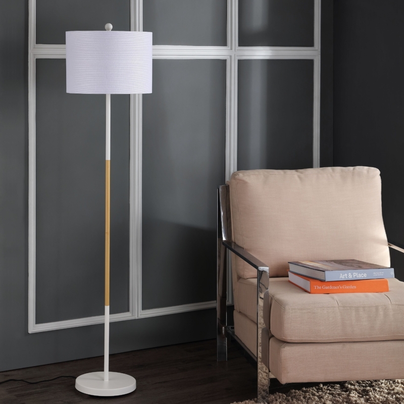 Floor Lamp Tiered Pole White Wood Drum Shade Scandinavian Style