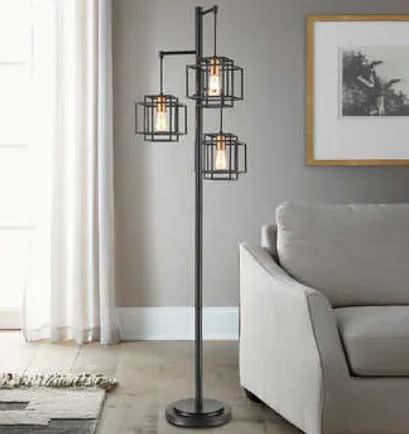 Floor Lamp Tiered Three Light Exposed Bulbs Matte Black Frame